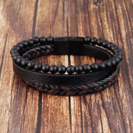 Volcanic Stone Leather Bracelet - Stainless Steel Multi-layer