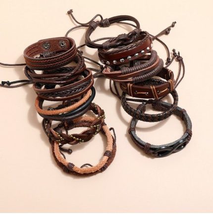 Punk Style Bracelet Set - 12pcs Adjustable Leather Cords